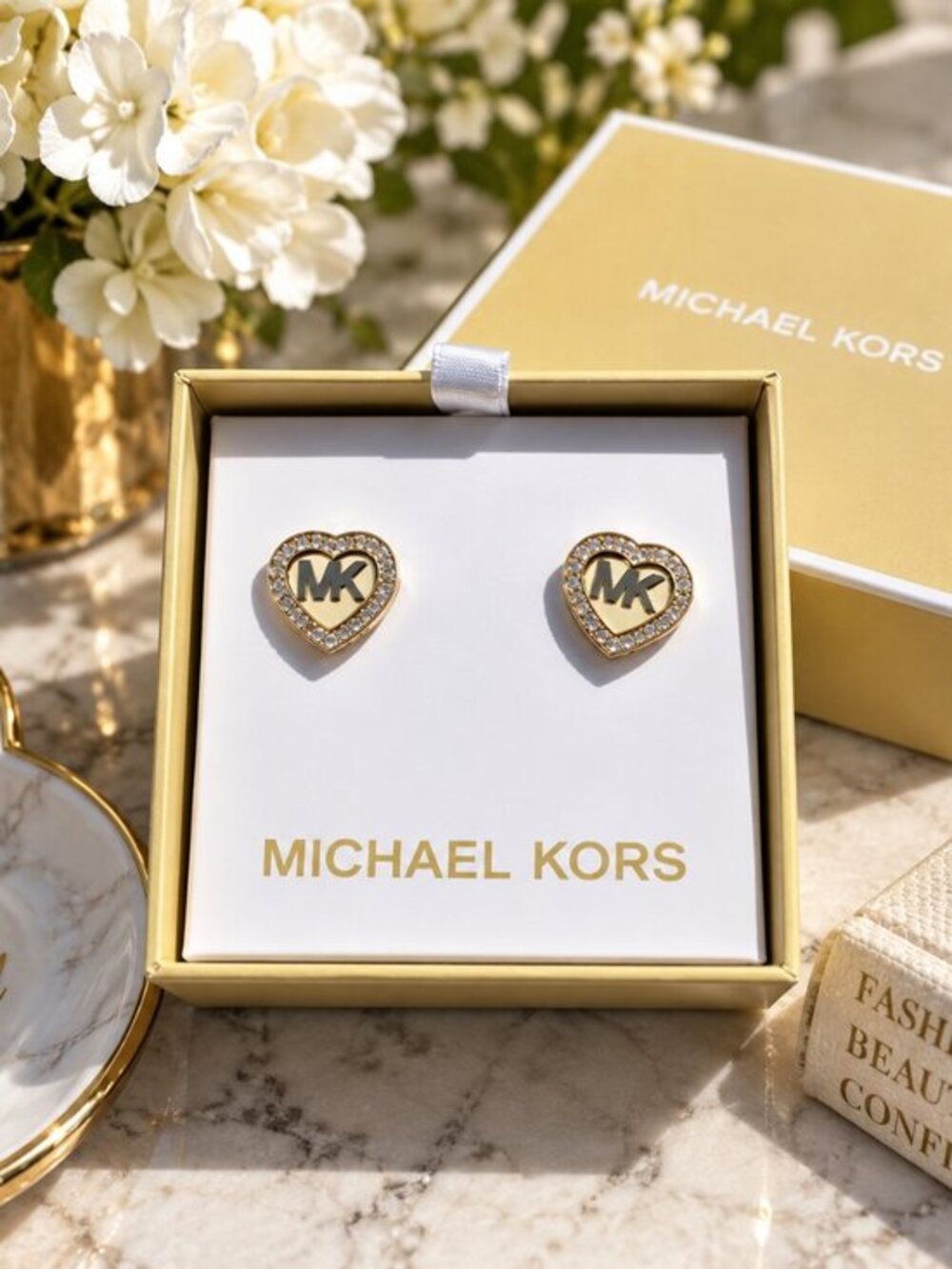Michael Kors Pavé Heart Logo Stud Earrings Gold Tone NWT